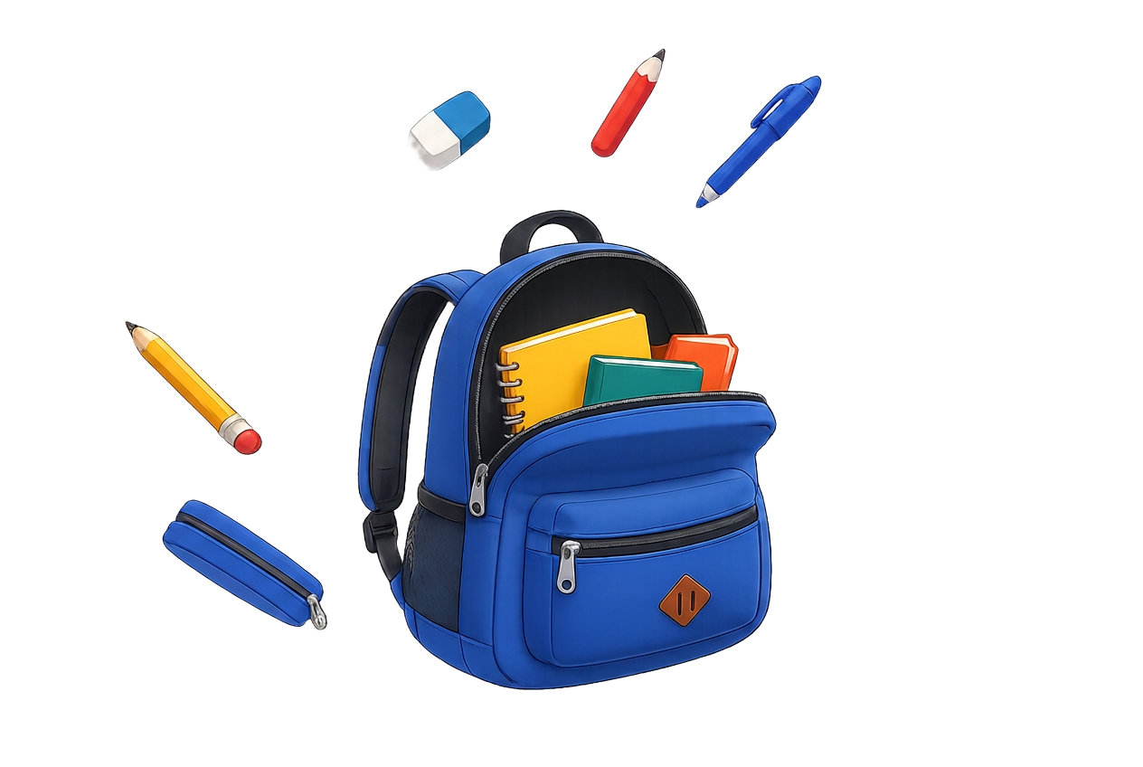 A blue school backpack surrounded by floating notebooks, pencils, and a pen